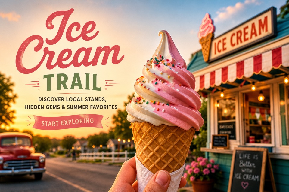 A pink and vanilla soft-serve cone in front of a nostalgic roadside ice cream stand at sunset
